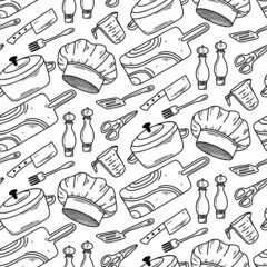 Cooking and kitchen tools seamless pattern in doodle style. Vector background with coocking tools