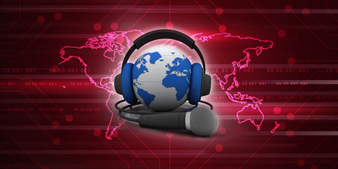 3D illustration Earth globe with headphones connected mic