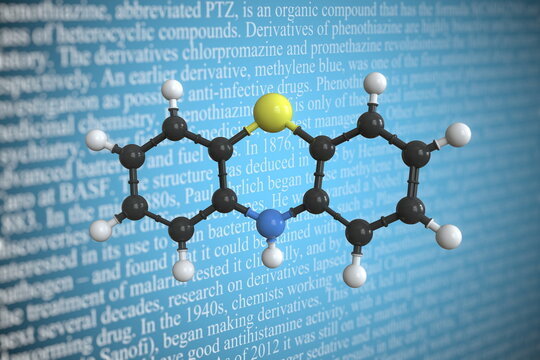 Molecular model of phenothiazine, 3D rendering