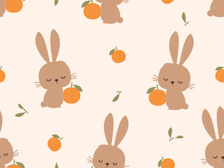 Fototapeta premium Seamless pattern rabbit cartoons and orange fruit on pastel background vector illustration.