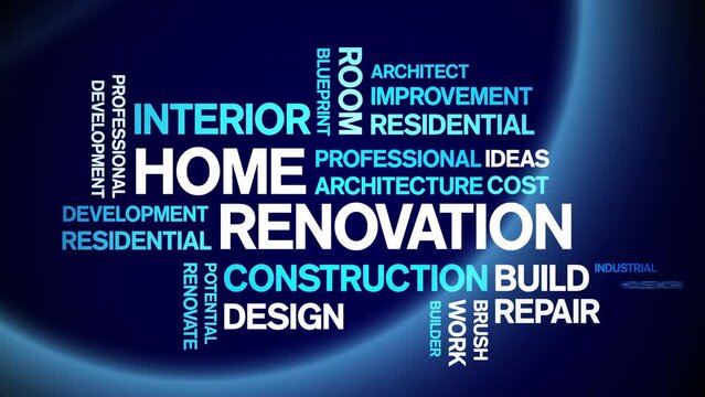 4k Home Renovation Animated Tag Word Cloud;Text Design Animation typography seamless loop.