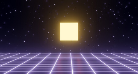 3d render, neon glowing geometric shape, retro wireframe poster
