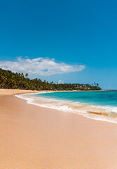 Fototapeta na wymiar Tropical beautiful landscape, turquoise ocean and bright sand beach, paradise vacation on island.