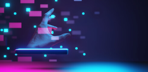 businessman hand holding holographic of  metaverse network on black background, metaverse internet social online technology, digital cryptocurrency coin