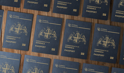 Passports of the Caribbean state of New Dominica , top view, on a wooden table