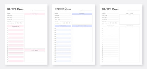 Recipe Planner Template. Recipe Card Template Design. Printable Planner Templates. Recipe card template set.