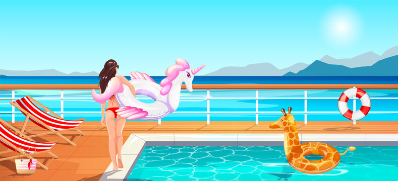 Beautiful long brown hair woman on boat deck, cruise ship, liner swimming pool floor. Girl in swimsuit, bikini, hold inflatable swim toy. Summer holiday, vacation, resort, rest. Vector illustration