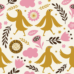 Seamless pattern with  birds and flowers. Fabric pattern,apparel print, wrapping paper	
