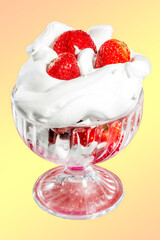 Strawberries with cream in a glass cup