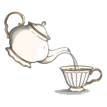 Vintage Teapot pours hot water into a cup. Isolated on white background. Vector Illustration.