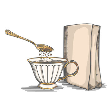 Vintage cup with golden spoon and tea isolated on white background. Vector Illustration.