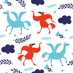 Obraz premium Seamless pattern with whimsical birds and horses . Fabric pattern, kids apparel print, wrapping paper 