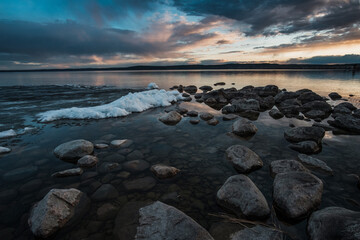 View of Onega Lake at sunset in Medvezhjegorsk