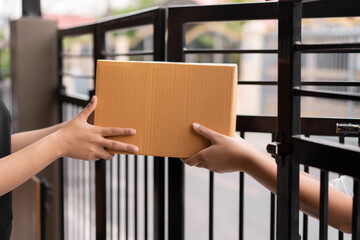 Postal service sending paper cardboard box to customer in front of a house outdoor. Shipping...
