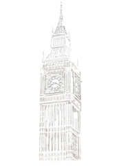 Bigben in London. Hand drawn sketch of London city, Buckingham Palace, UK. Isolated on white background. Travel sketch. Hand drawn travel postcard. - obrazy, fototapety, plakaty