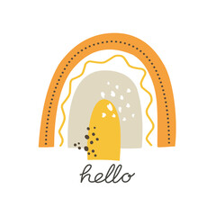 Bright rainbow with text Hello in scandinavian style. Vector illustration.