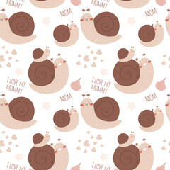 Seamless pattern with cute baby snails and moms, I love my mom. Vector print for fabric, covers, wrapping paper, banners.