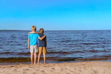 boys standing on beach lookind at horizon over Ladoga lake, Russia