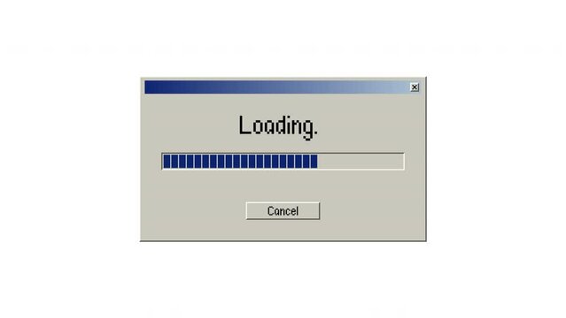 Loading data window with progress bar animation. Retro style. Motion graphics