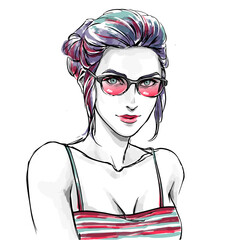 Fashion illustration, woman portrait in sunglasses , cosmetics, beauty shop, fashion boutique