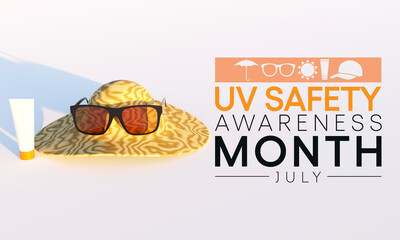 UV safety month is observed every year in July, it is a type of electromagnetic radiation that makes black light posters glow, and is responsible for summer tans and sunburns. 3D Rendering