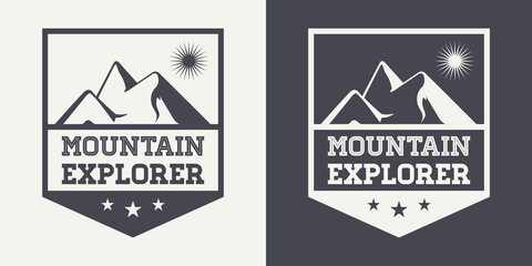 Vector Ventage Labels with Hand Drawn Mountains. 2022. Illustration for Ski Resort, Hiking, Climbing, Mountain Biking Logo Set. Drawing Winter Landscape, Camping Design