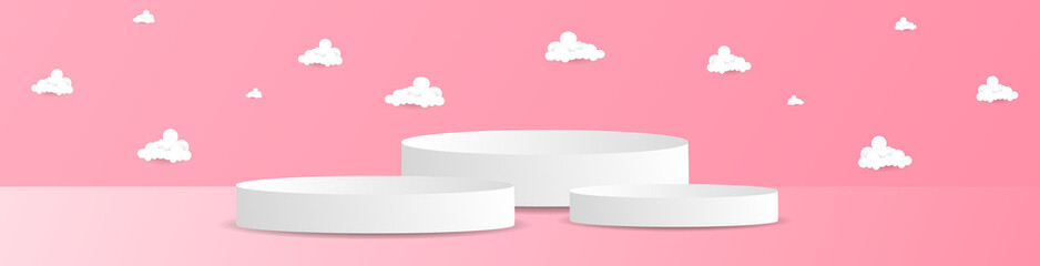 Abstract minimal white podium product display with cloud for presentation in a pink background, illustration 3d Vector EPS 10