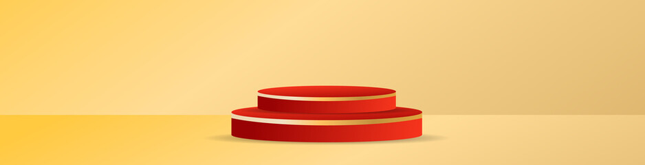 Banner Red Podium minimal style on yellow background , 3D stage podium display product , stand to show cosmetic products ,illustration 3d Vector EPS 10