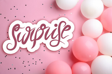 Surprise party. Many balloons and confetti on pink background, flat lay