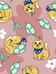 Digital pattern with funny letters, daisy chains and green leaves on a powdery background.