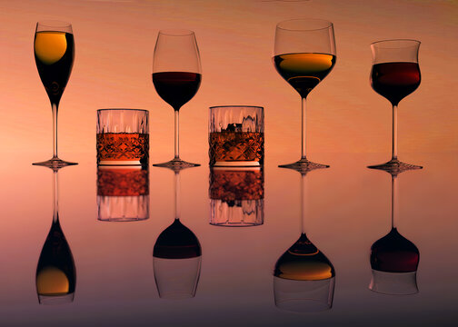 wine and whisky in different glasses reflecting in the warm light. Illustration.