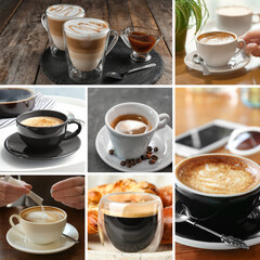 Beautiful collage with different photos of aromatic coffee
