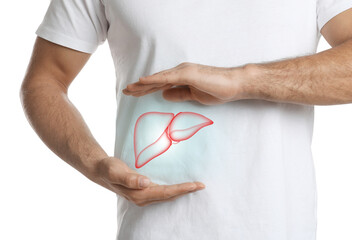 Man and illustration of liver on white background, closeup