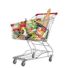 Shopping cart with groceries on white background