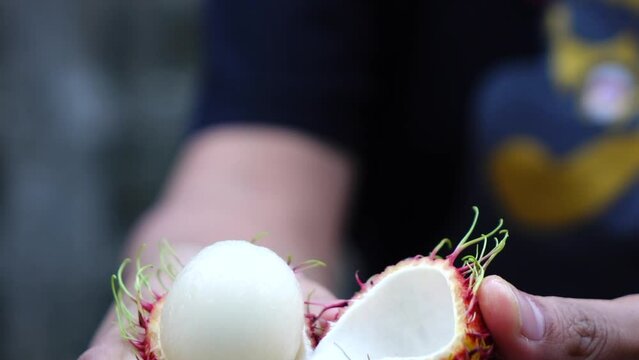 Asia woman eating rambutan