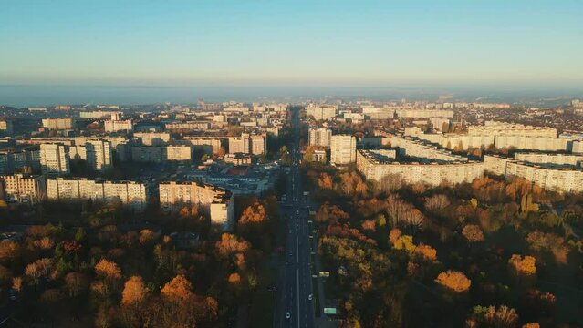 Autumn city of Rivne Ukraine, Kiev highway. Aerial shot