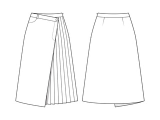 Fashion technical drawing of asymmetric wrap skirt with pleats 