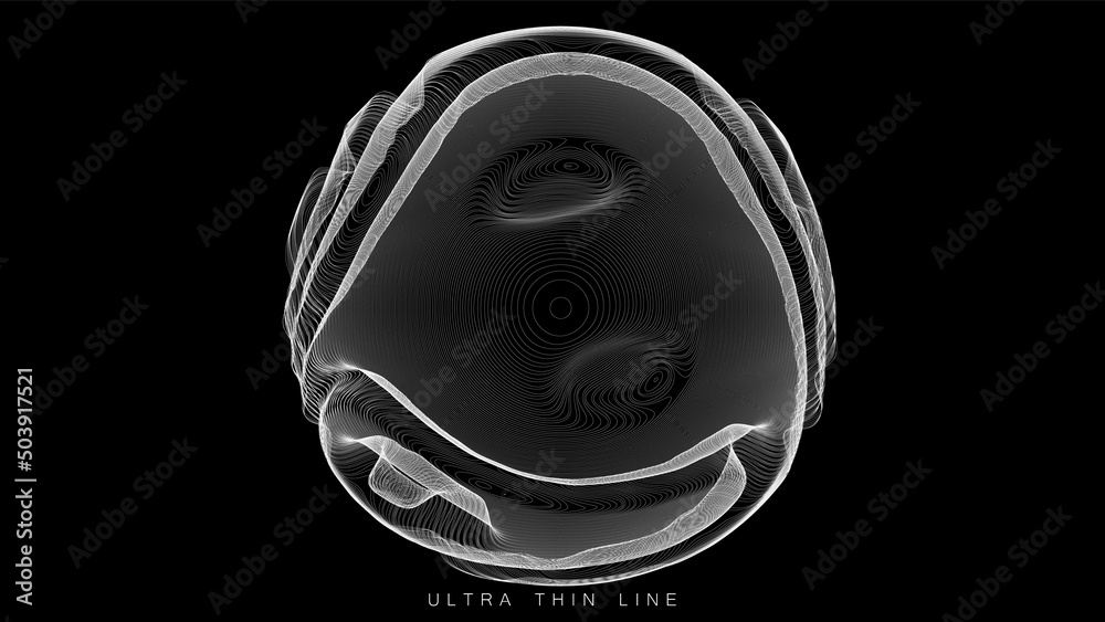 Poster ultra thin line fluid geometry. dynamic vector distorted spheres.