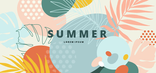 Summer banner background. Minimal geometric elements and tropical leaves, flowers. Vector illustration