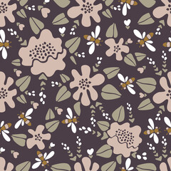 Modern floral pattern vector pattern, big flowers and small flowers in pink and white, dragonflies, bees on brown background. Seamless pattern set in a minimalist style. Modern design for paper.