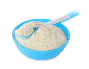 Dry healthy baby food in bowl on white background