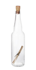 Message in corked glass bottle isolated on white