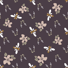 Fototapeta na wymiar Modern floral pattern vector pattern, big flowers and small flowers in pink and white, dragonflies, bees on brown background. Seamless pattern set in a minimalist style. Modern design for paper.