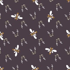 Modern vector floral pattern, small flowers, dragonflies, butterflies, insects with wings on a brown background. Seamless pattern in a minimalist style for paper, textile