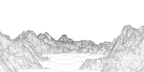 Wireframe of polygonal mountains from black lines isolated on white background. 3D. Vector illustration.