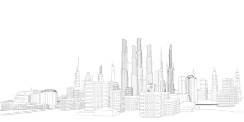 Background with the outline of a futuristic city from black lines isolated on a white background. Vector illustration. © German Ovchinnikov