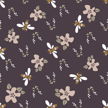 Modern floral pattern vector pattern, big flowers and small flowers in pink and white, dragonflies, bees on brown background. Seamless pattern set in a minimalist style. Modern design for paper. © Елена Дымова