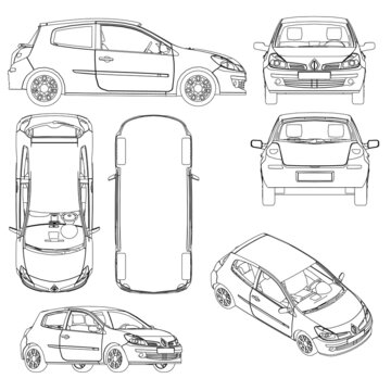 Set with the contours of a passenger car from different types of black lines isolated on a white background. Isometric view, side, front, back, bottom. Vector illustration.