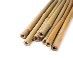 Pile of dry bamboo sticks on white background