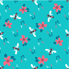 Fototapeta na wymiar Modern vector floral seamless pattern, small flowers flowers in coral and white colors, dragonflies, flying insects on a turquoise background. Seamless in a minimalist style for paper, textile